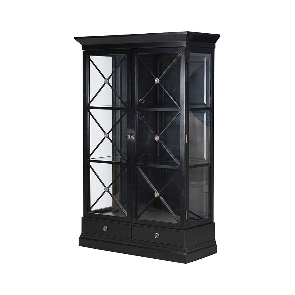 black display cabinet with two large transparent doors and two bottom drawers