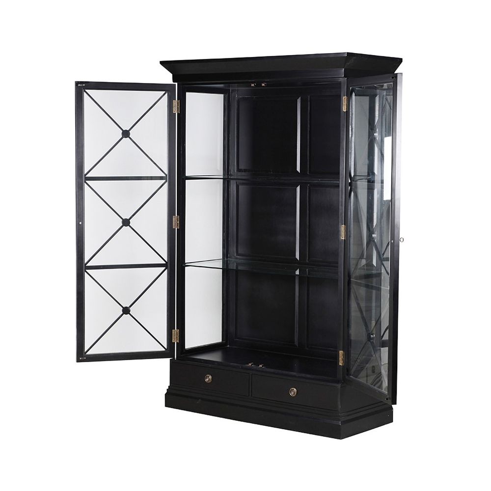 black display cabinet with two large transparent doors and two bottom drawers