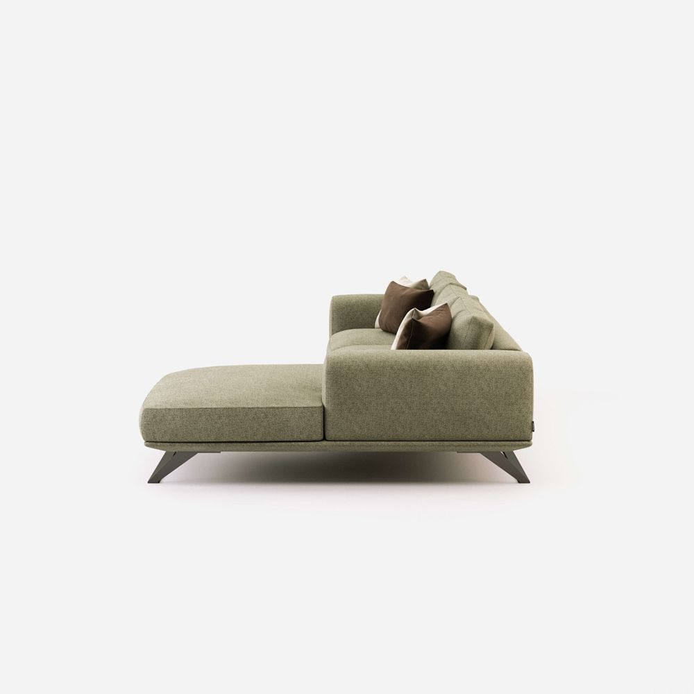 Linen cotton, upholstered, chaise longue sofa with wide contemporary design