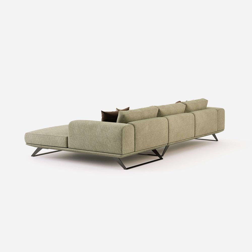 Linen cotton, upholstered, chaise longue sofa with wide contemporary design