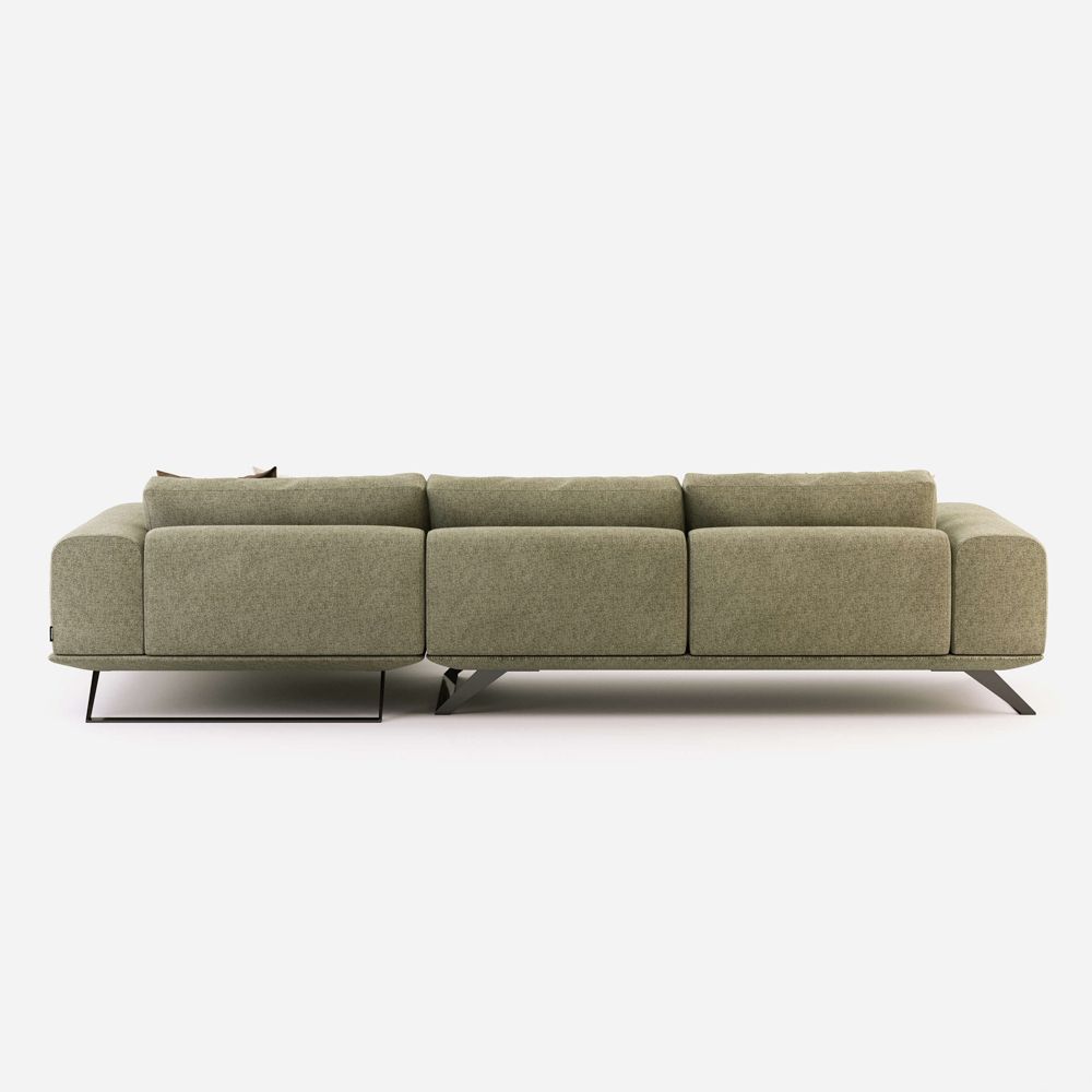 Linen cotton, upholstered, chaise longue sofa with wide contemporary design