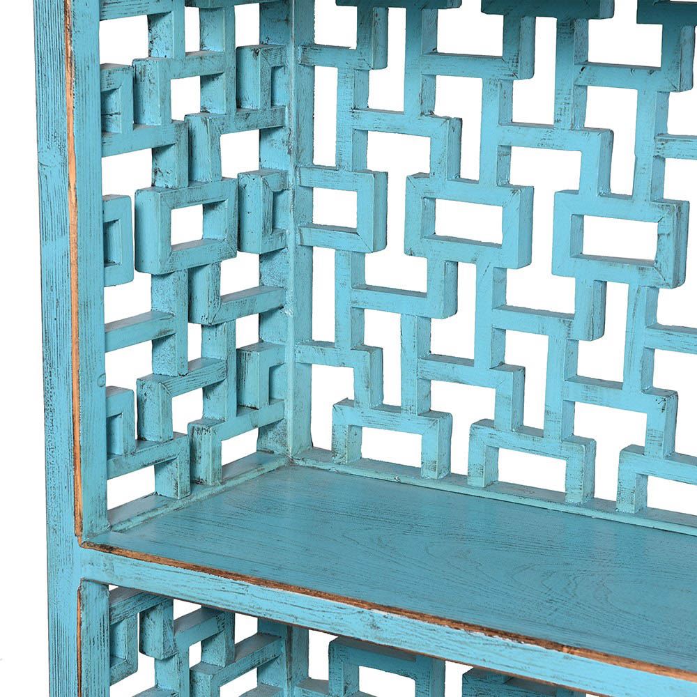 Elegant blue shelving unit with lattice details