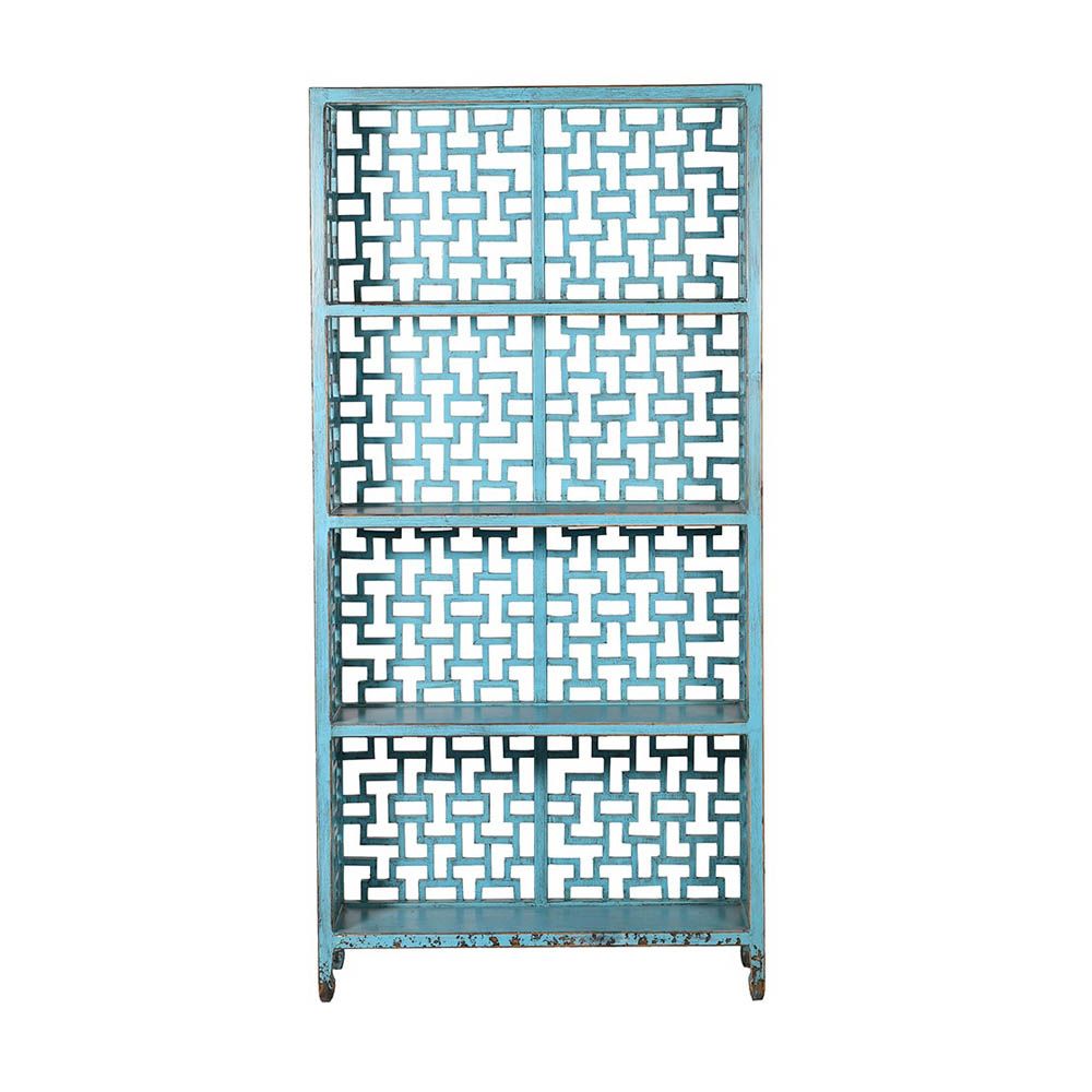 Elegant blue shelving unit with lattice details