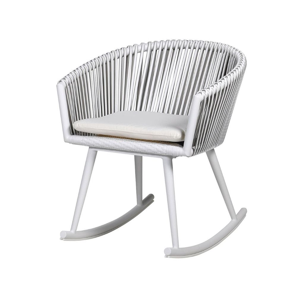 White woven armchair style rocking chair with seat cushion