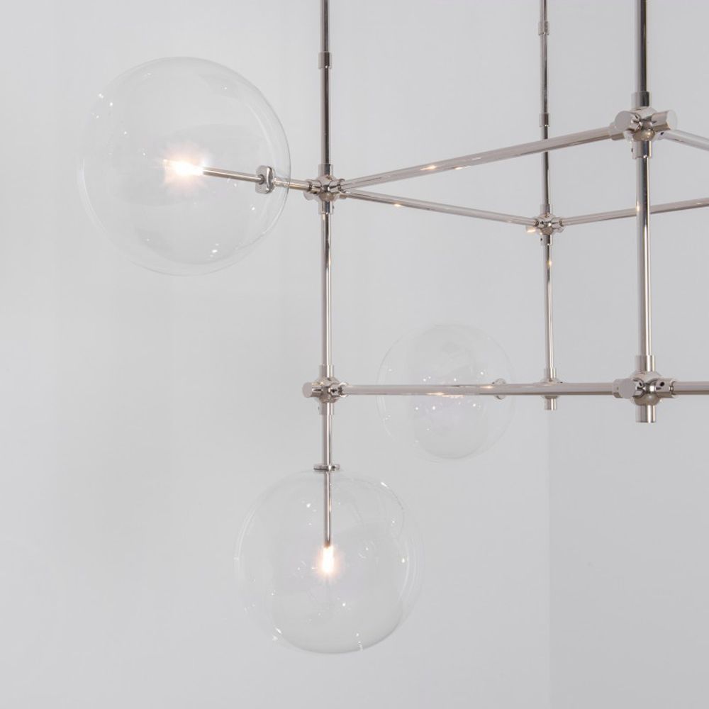 Polished nickel industrial retro chandelier with clear glass globe hanging design
