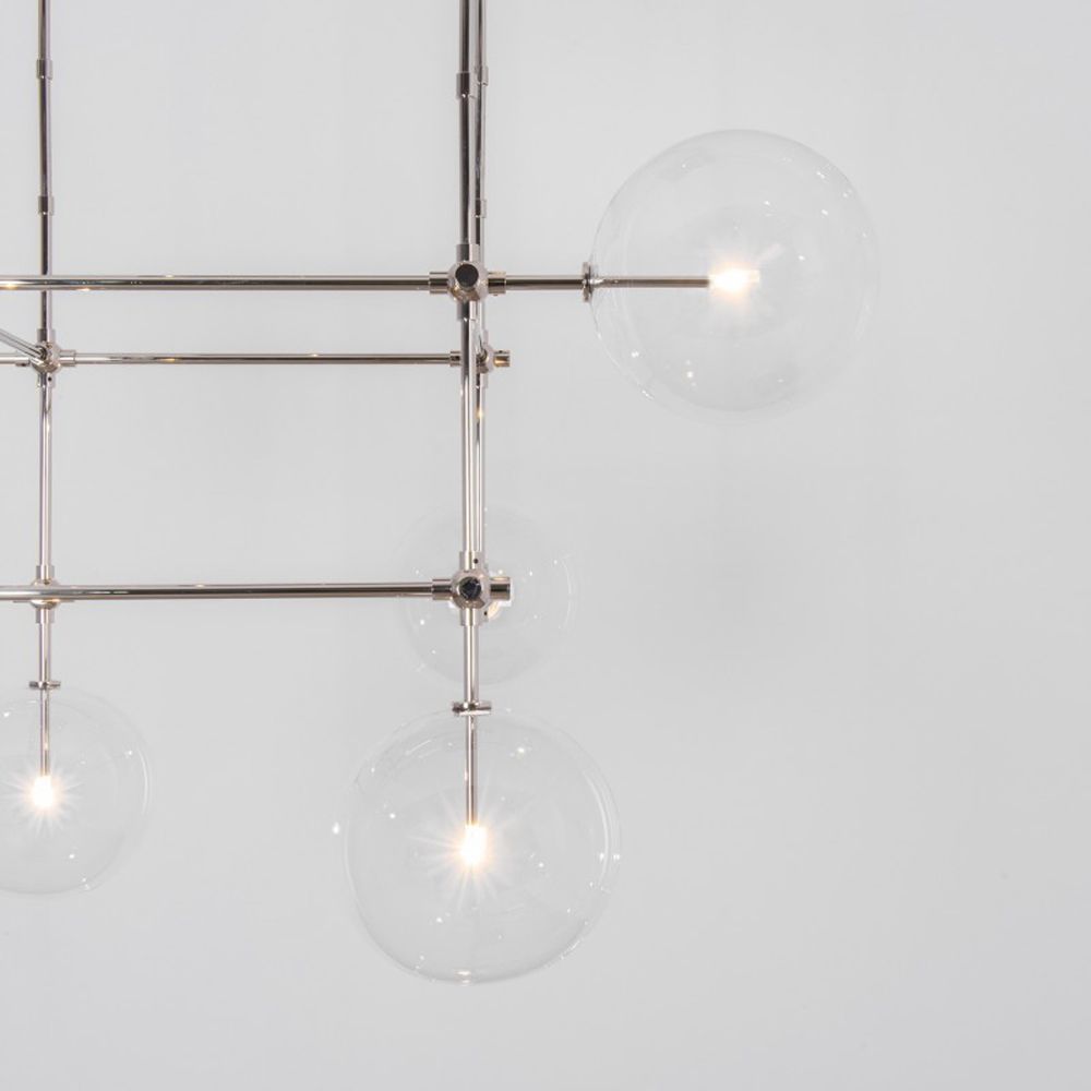 Polished nickel industrial retro chandelier with clear glass globe hanging design