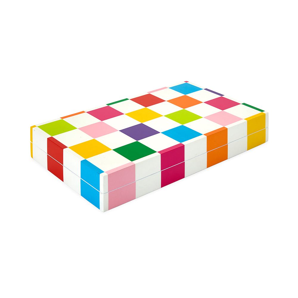A bold, multicoloured backgammon set by Jonathan Adler with a checked design and glossy finish