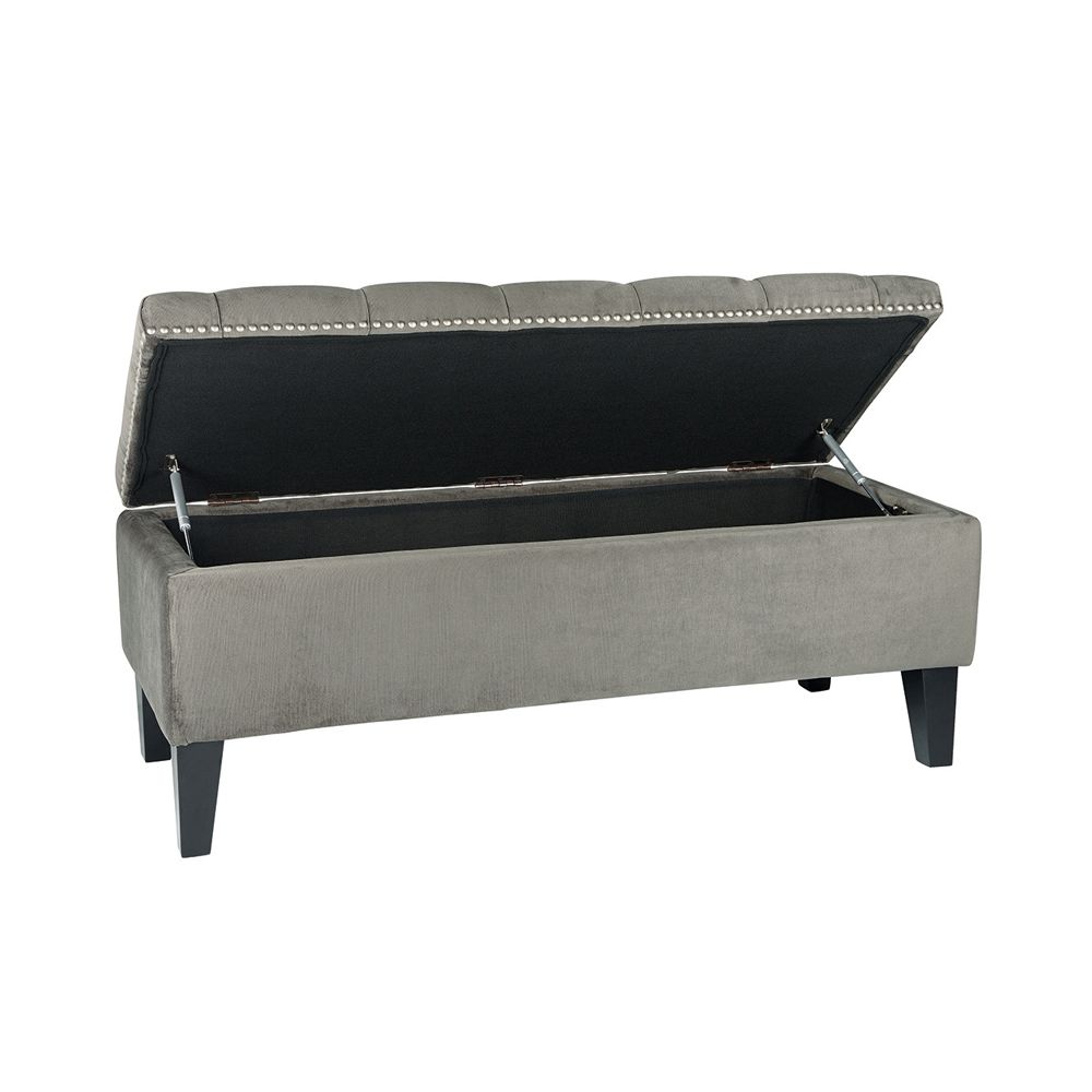 grey deep-buttoned ottoman bench with silver stunning 