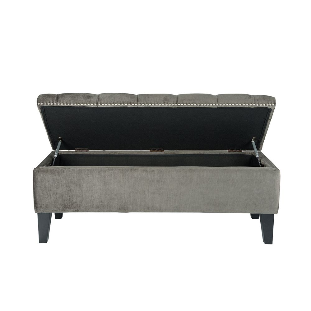 grey deep-buttoned ottoman bench with silver stunning 