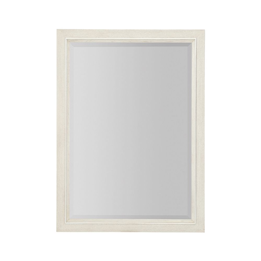 A contemporary rectangular mirror featuring a natural wood frame with a bevelled edge and a white finish