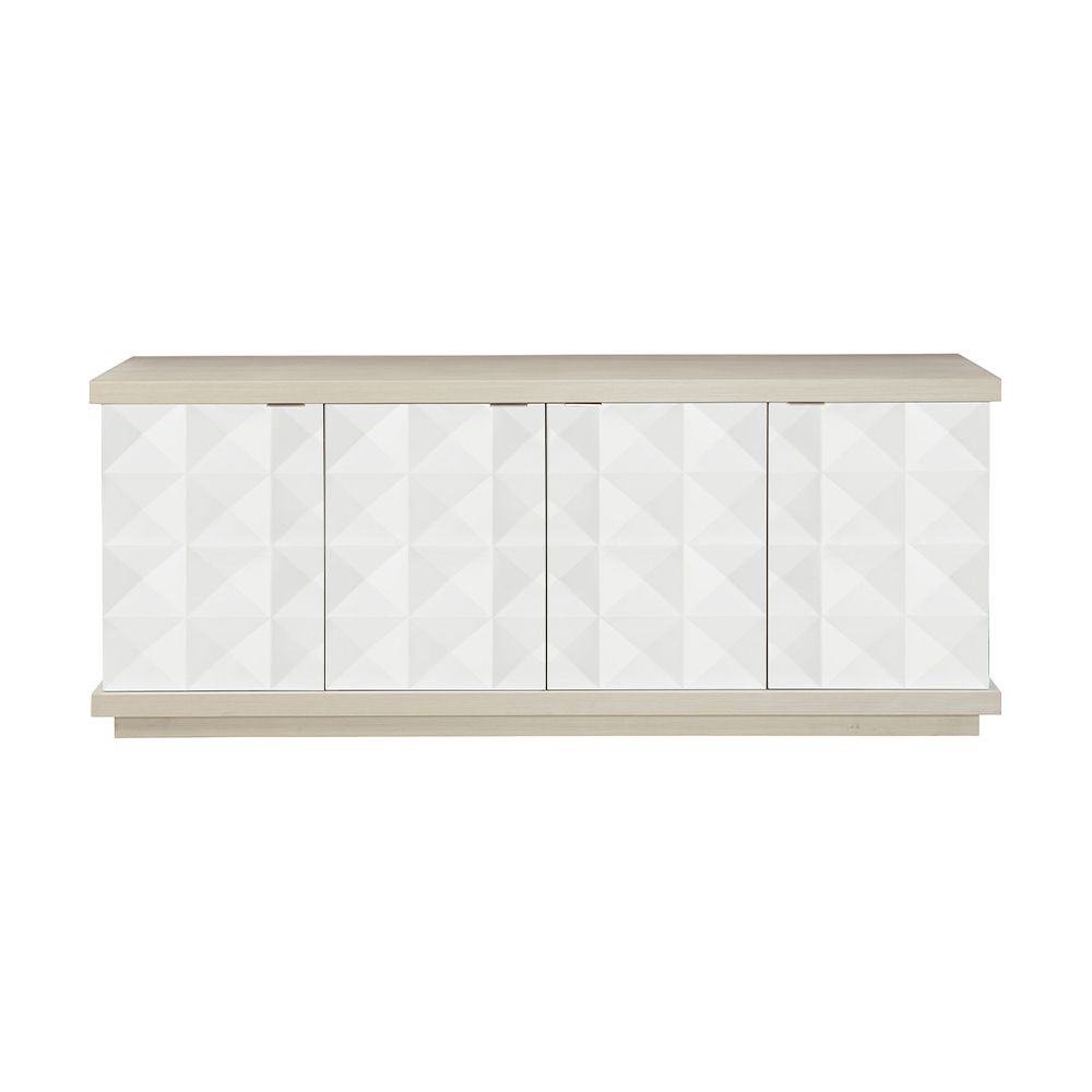 A sophisticated four door geometric patterned buffet with internal shelves and drawers