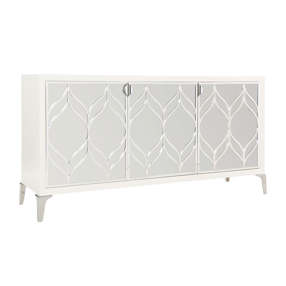 A dazzling buffet with three mirrored glass doors featuring decorative stainless steel overlays and an abundance of internal storage 