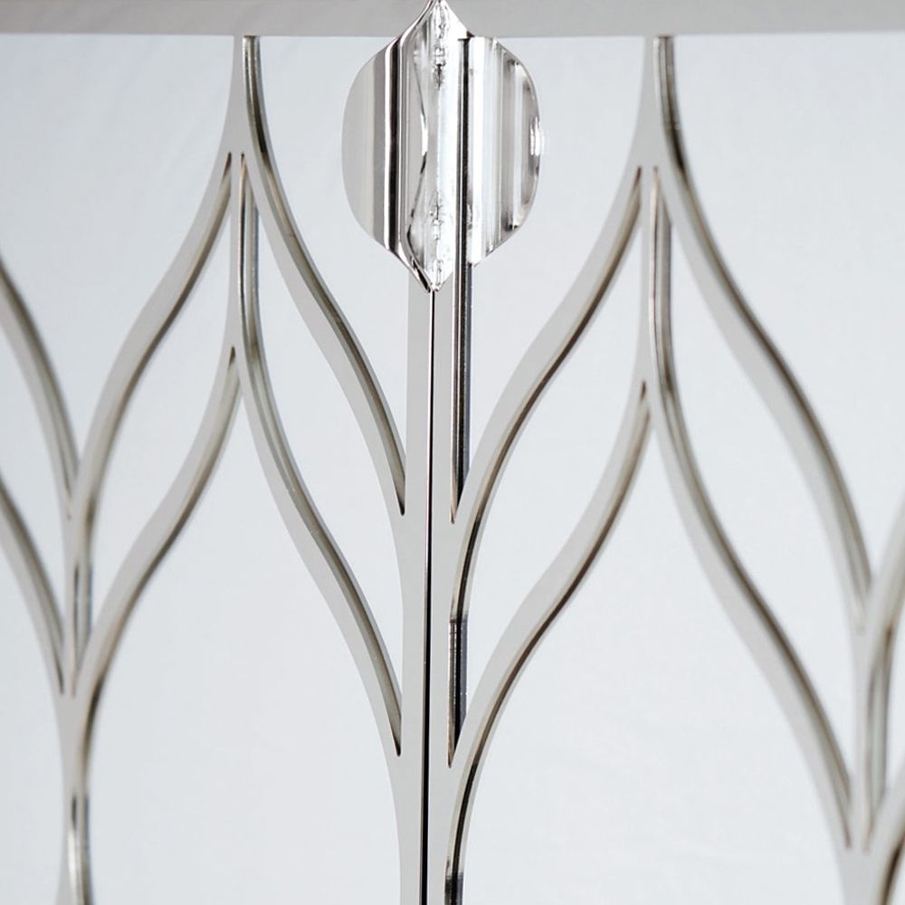 A dazzling buffet with three mirrored glass doors featuring decorative stainless steel overlays and an abundance of internal storage 