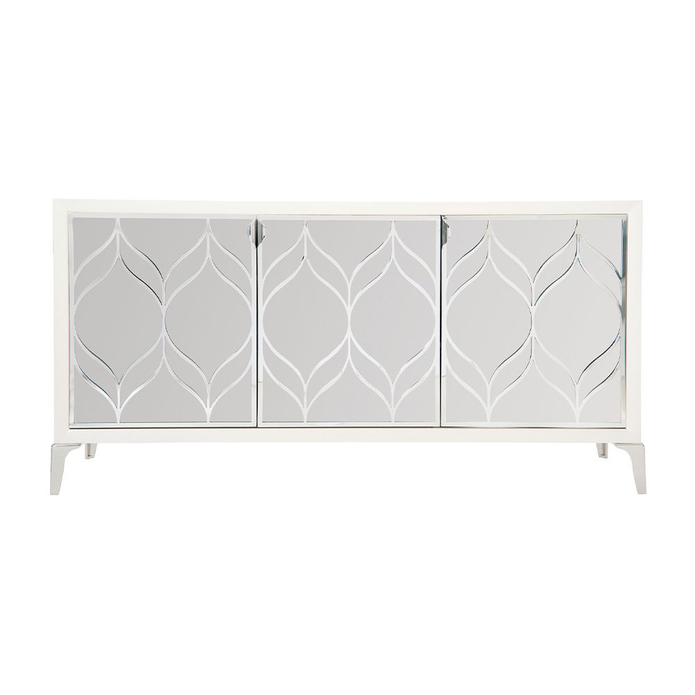 A dazzling buffet with three mirrored glass doors featuring decorative stainless steel overlays and an abundance of internal storage 