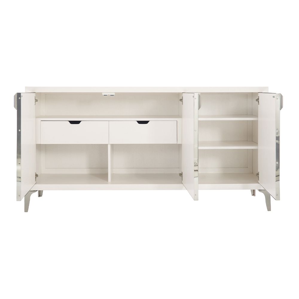 A dazzling buffet with three mirrored glass doors featuring decorative stainless steel overlays and an abundance of internal storage 