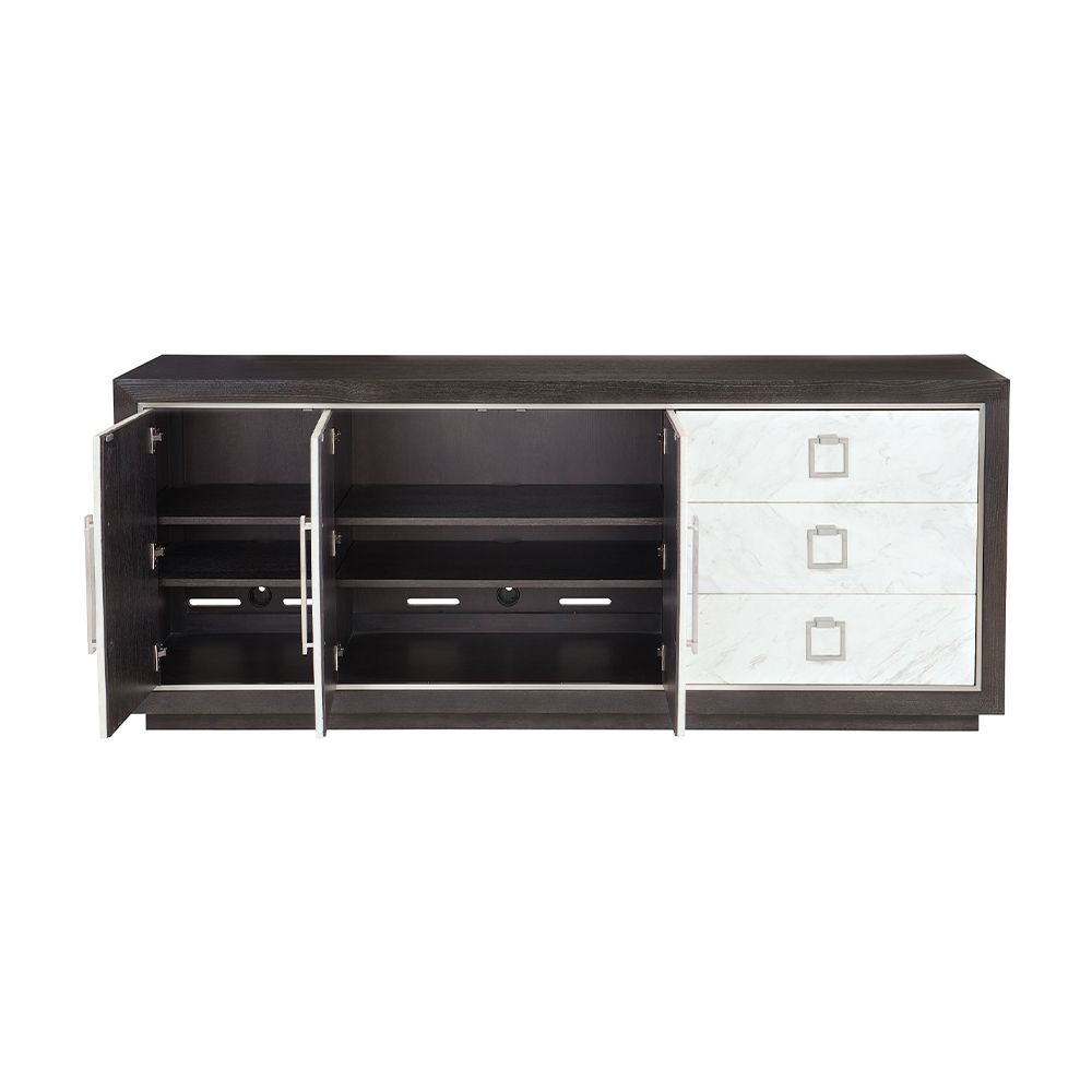 A luxurious buffet featuring a dark brown finish, stainless steel frame and laminated marble front