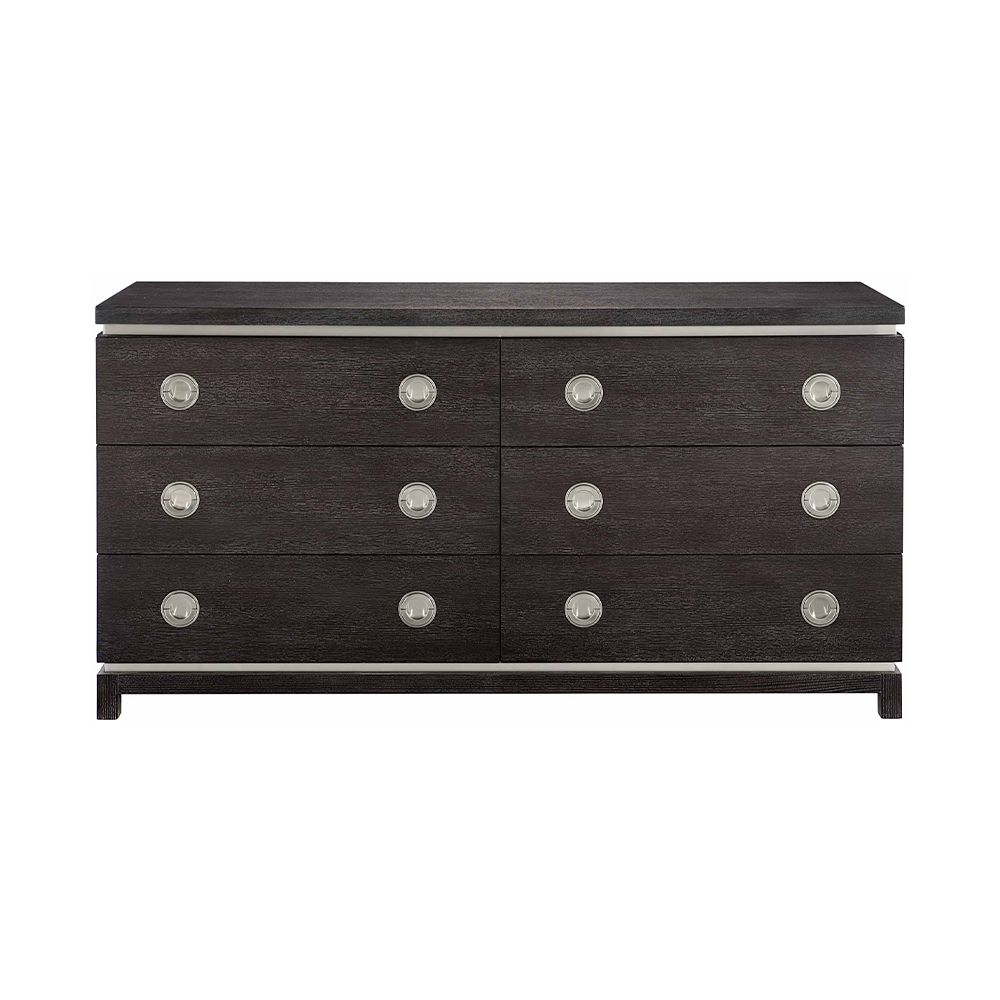 A stunning dark brown wooden dresser with six drawers and stylish stainless steel accents