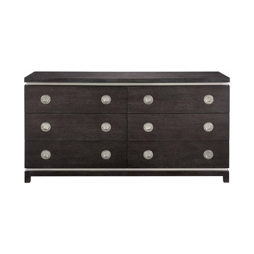 A stunning dark brown wooden dresser with six drawers and stylish stainless steel accents