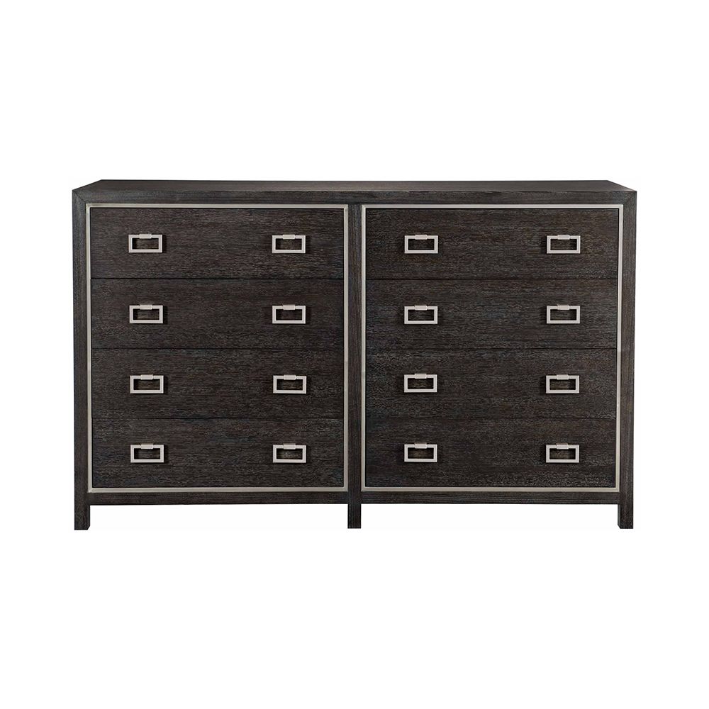 A stylish eight drawer dresser from Bernhardt with a dark brown finish and stainless steel frame