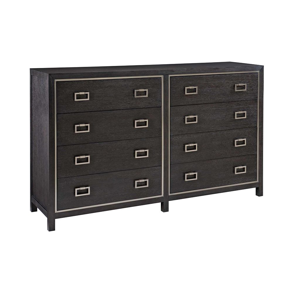 A stylish eight drawer dresser from Bernhardt with a dark brown finish and stainless steel frame