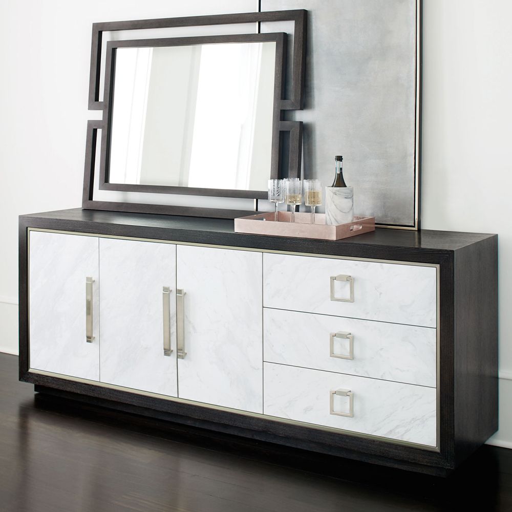 A luxurious buffet featuring a dark brown finish, stainless steel frame and laminated marble front