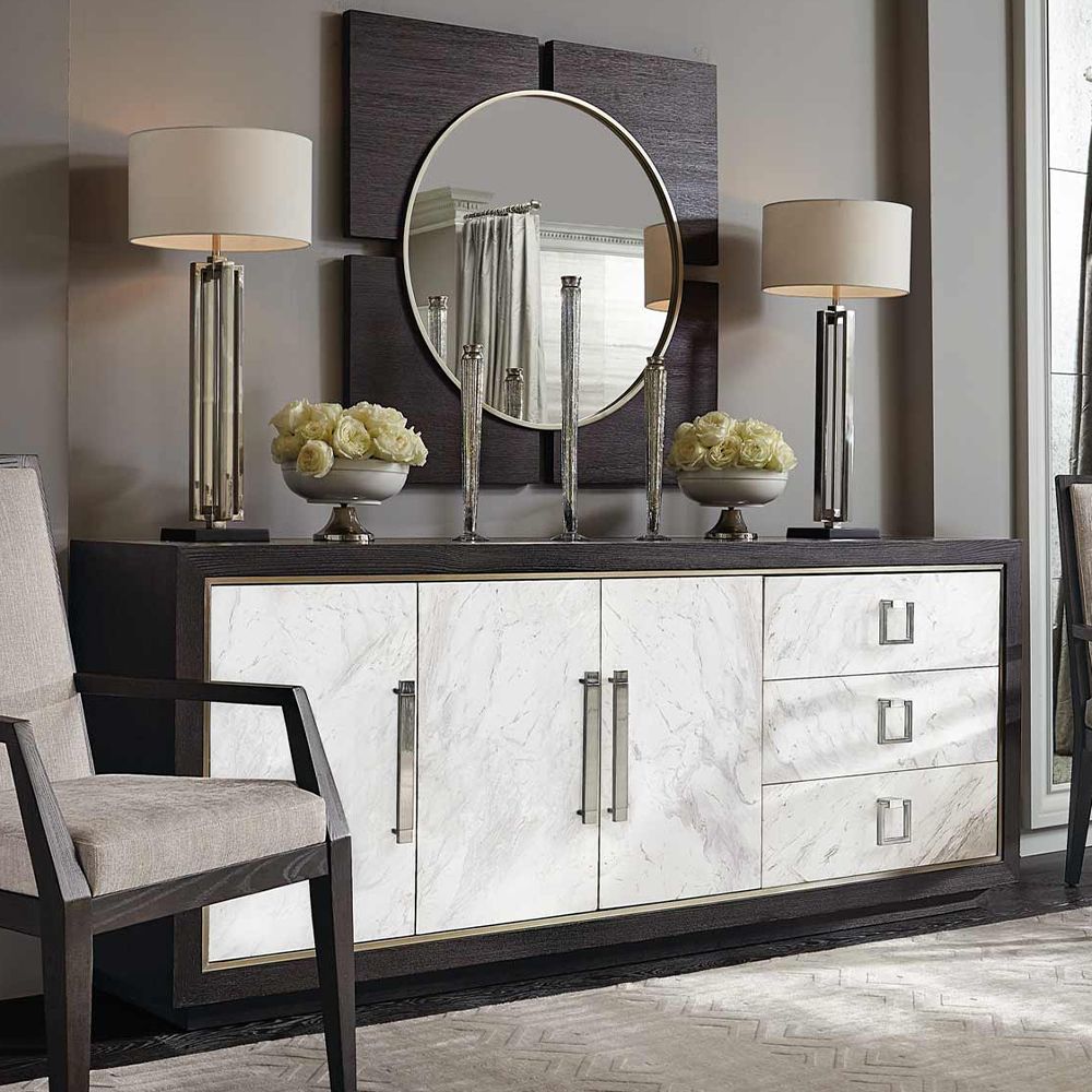 A luxurious buffet featuring a dark brown finish, stainless steel frame and laminated marble front