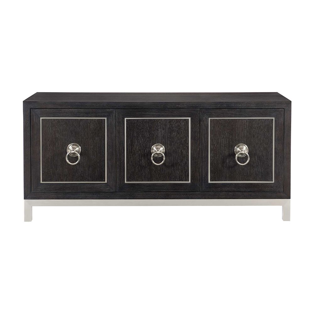 An elegant three door sideboard with a dark brown wooden finish and stylish stainless steel accents