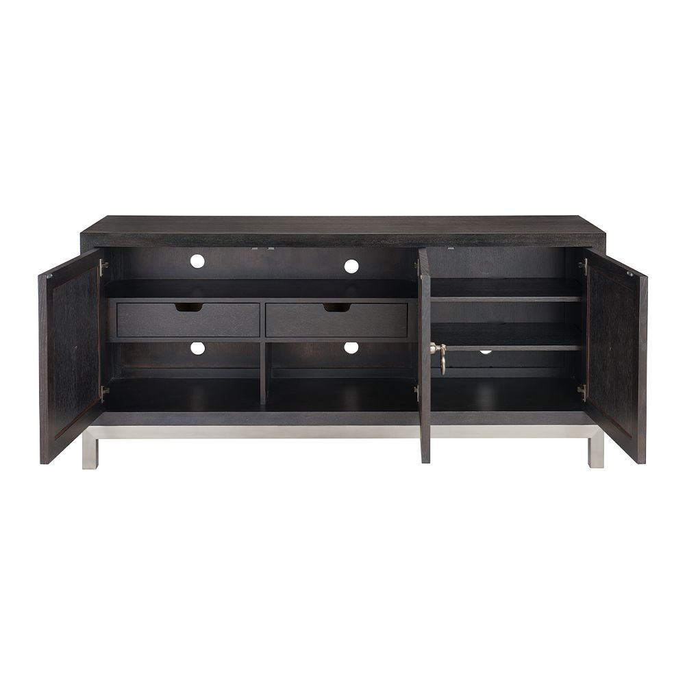 An elegant three door sideboard with a dark brown wooden finish and stylish stainless steel accents