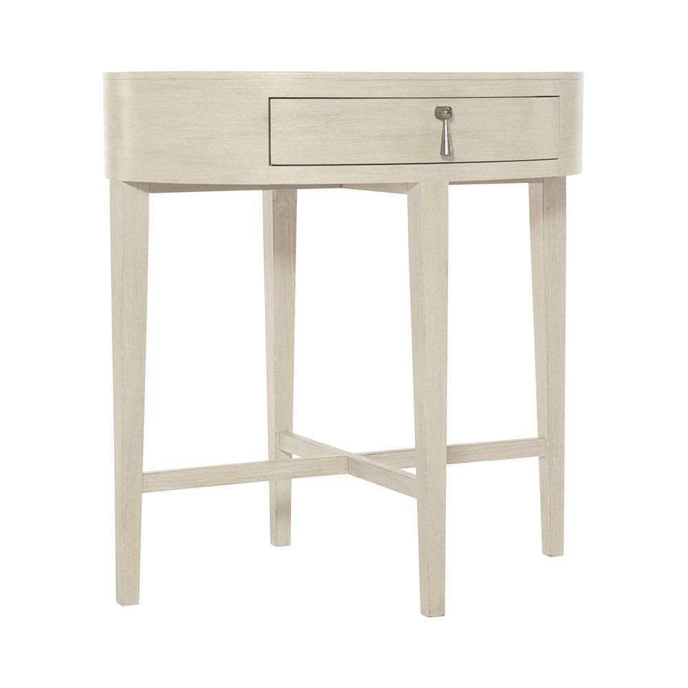 A lovely natural wood, one-drawer bedside table with nickel accents