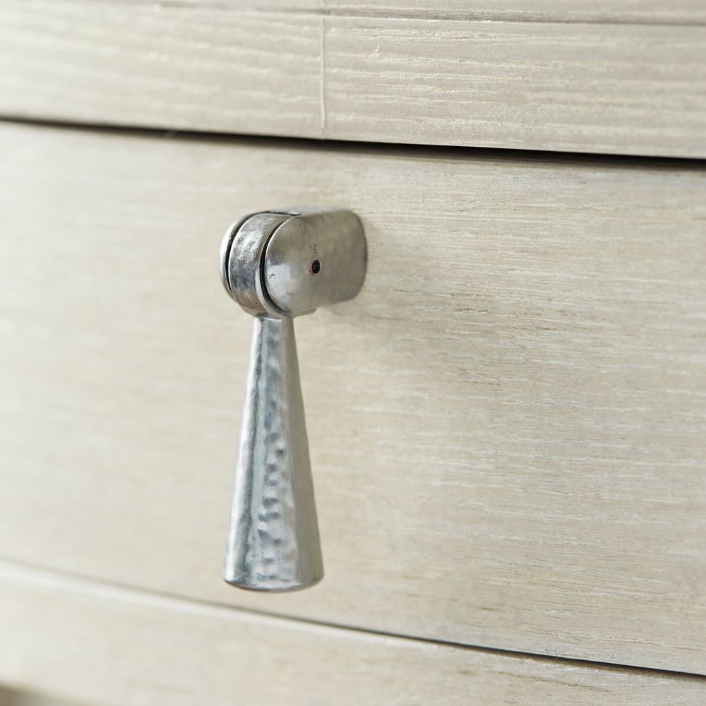 A lovely natural wood, one-drawer bedside table with nickel accents