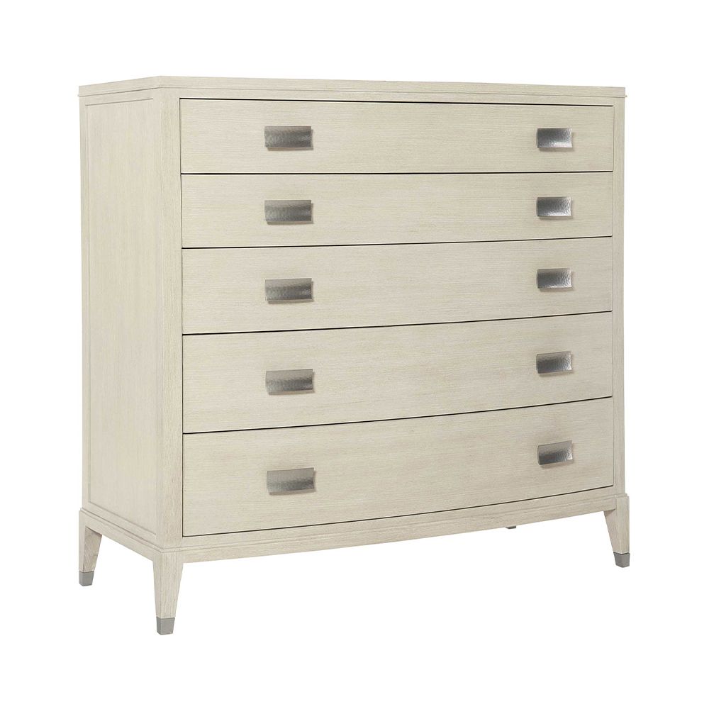 A beautiful chest of drawers from Bernhardt with five drawers and tarnished nickel handles 