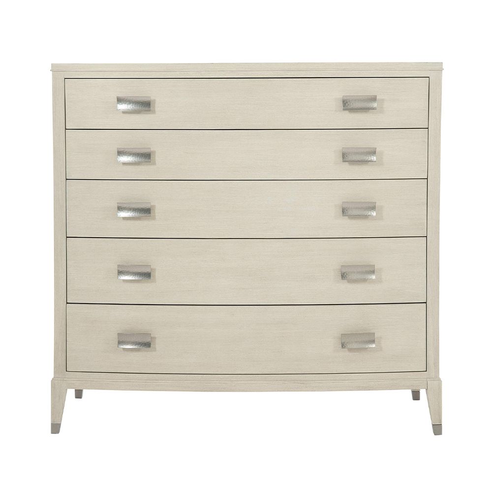 A beautiful chest of drawers from Bernhardt with five drawers and tarnished nickel handles 