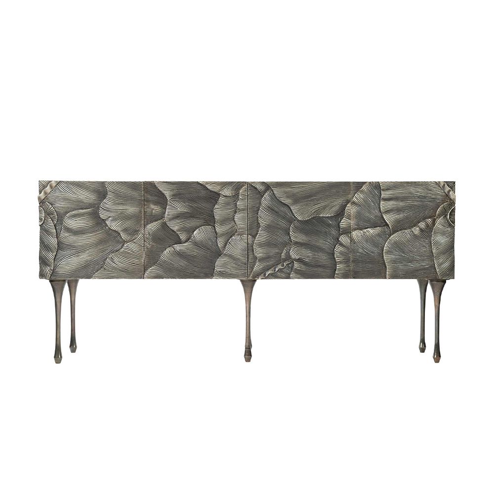 A textured statement sideboard with four unique doors, six sleek metal legs and an abundance of internal storage 