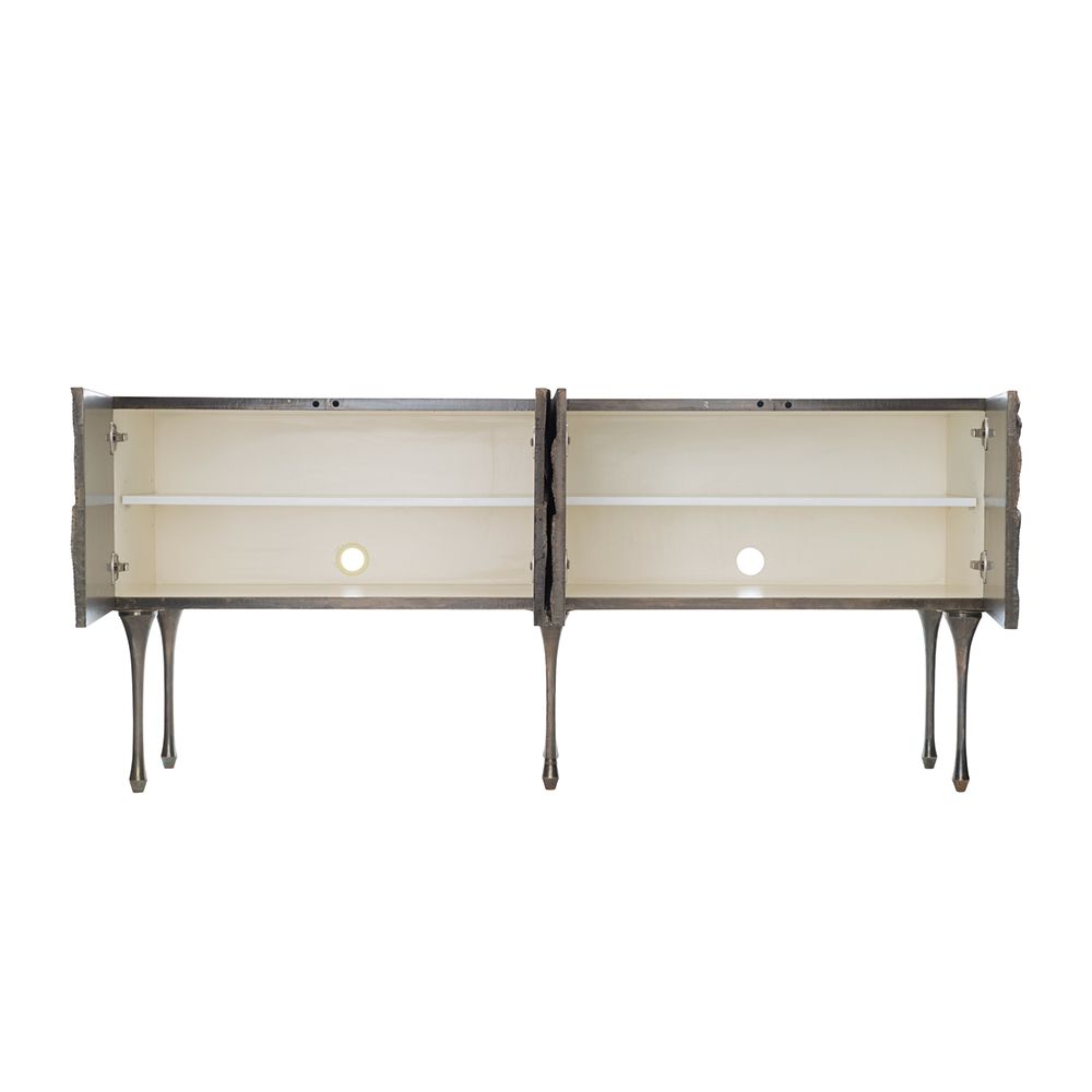A textured statement sideboard with four unique doors, six sleek metal legs and an abundance of internal storage 