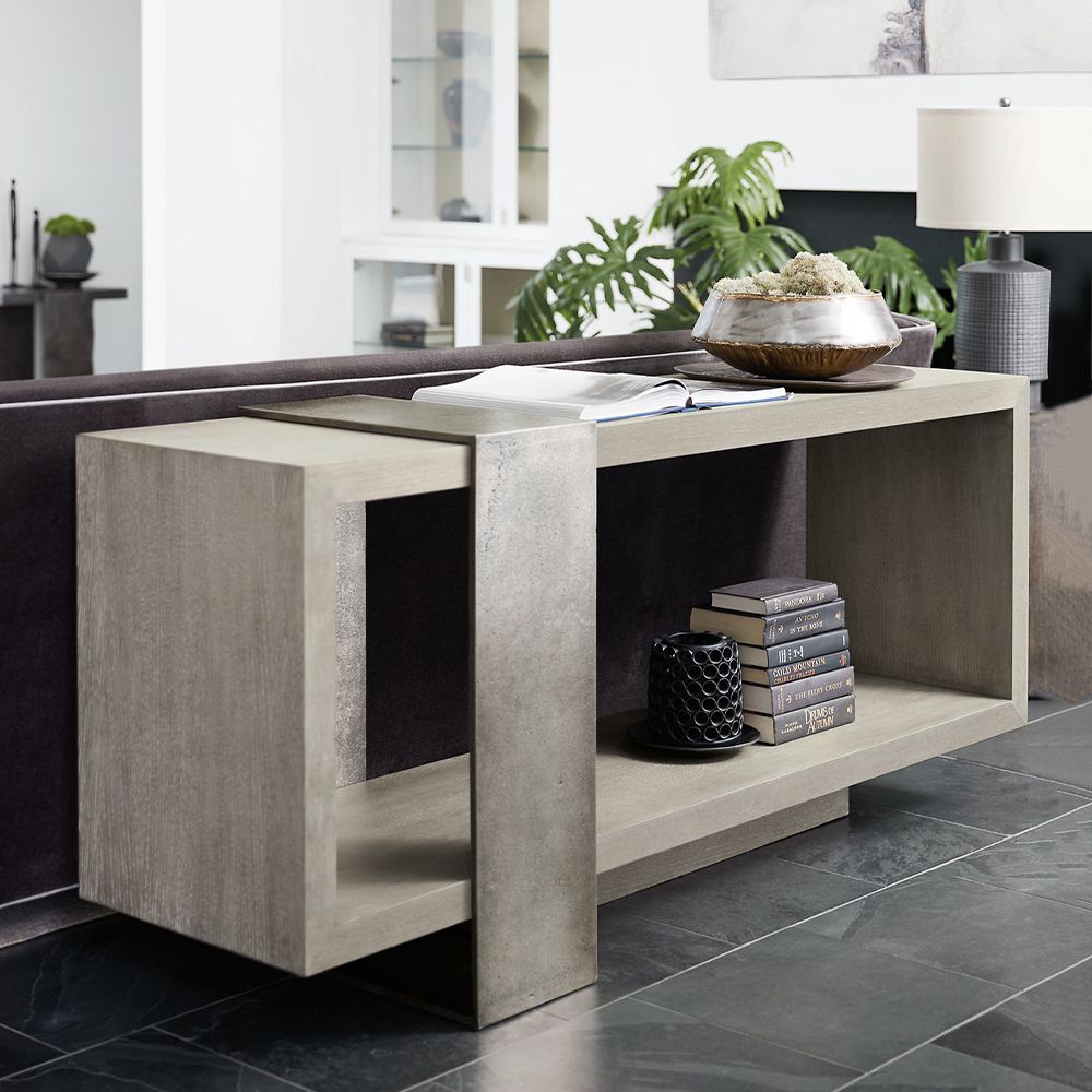 A luxurious console table by Bernhardt with a unique design and open display space 