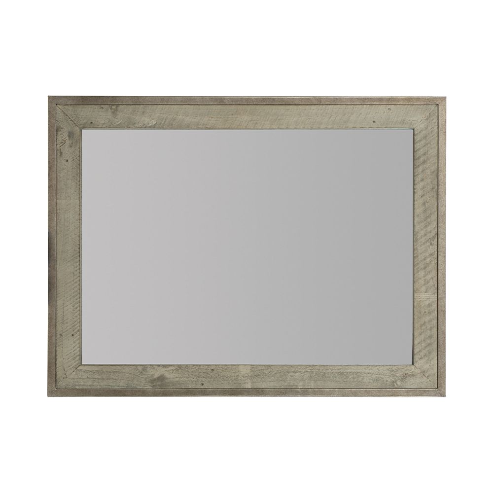 A lovely greige rectangular mirror with a wooden inner frame and metal outer frame