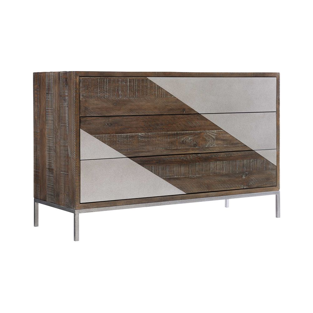 A quirky three drawer chest from Bernhardt with a textured wood finish and smooth steel overlays