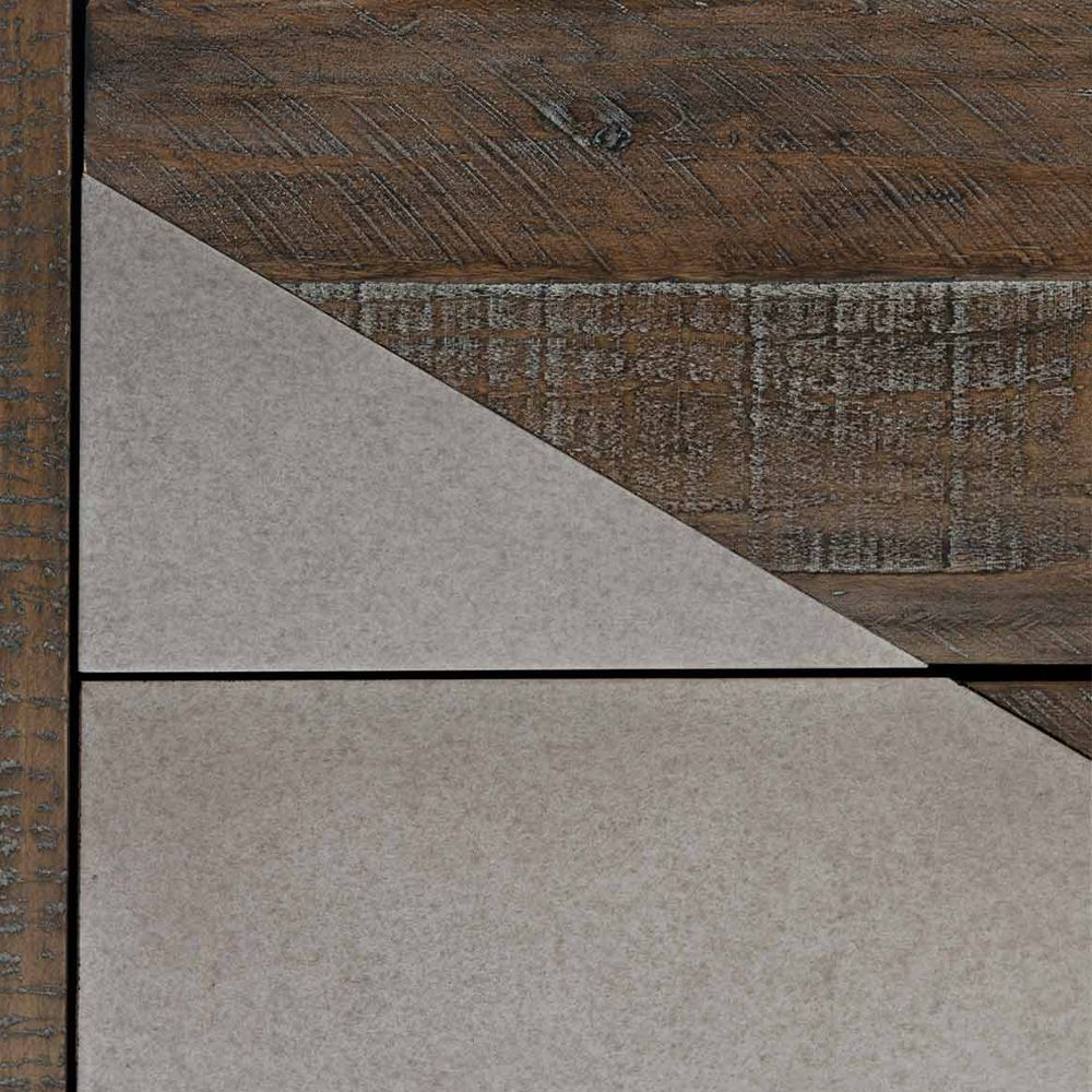 A quirky three drawer chest from Bernhardt with a textured wood finish and smooth steel overlays