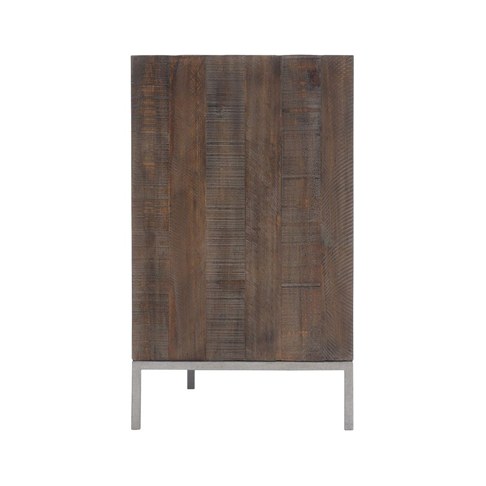 A quirky three drawer chest from Bernhardt with a textured wood finish and smooth steel overlays