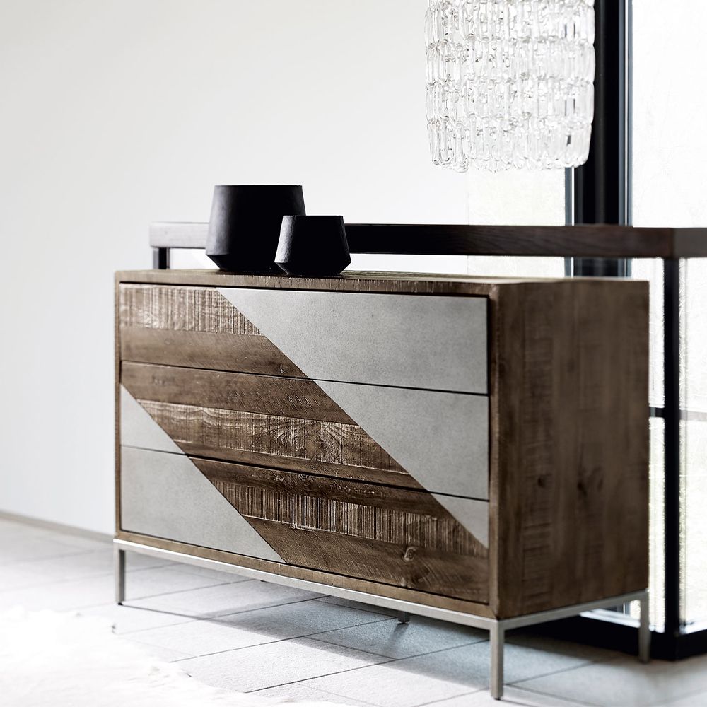 A quirky three drawer chest from Bernhardt with a textured wood finish and smooth steel overlays