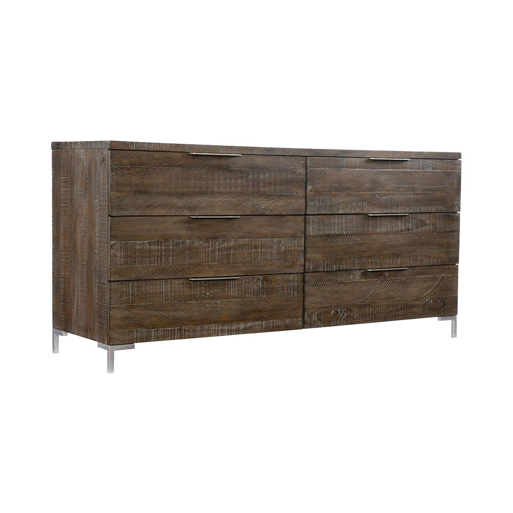 A contemporary six drawer dresser with a brown aged wood finish, steel tab pulls and grey feet