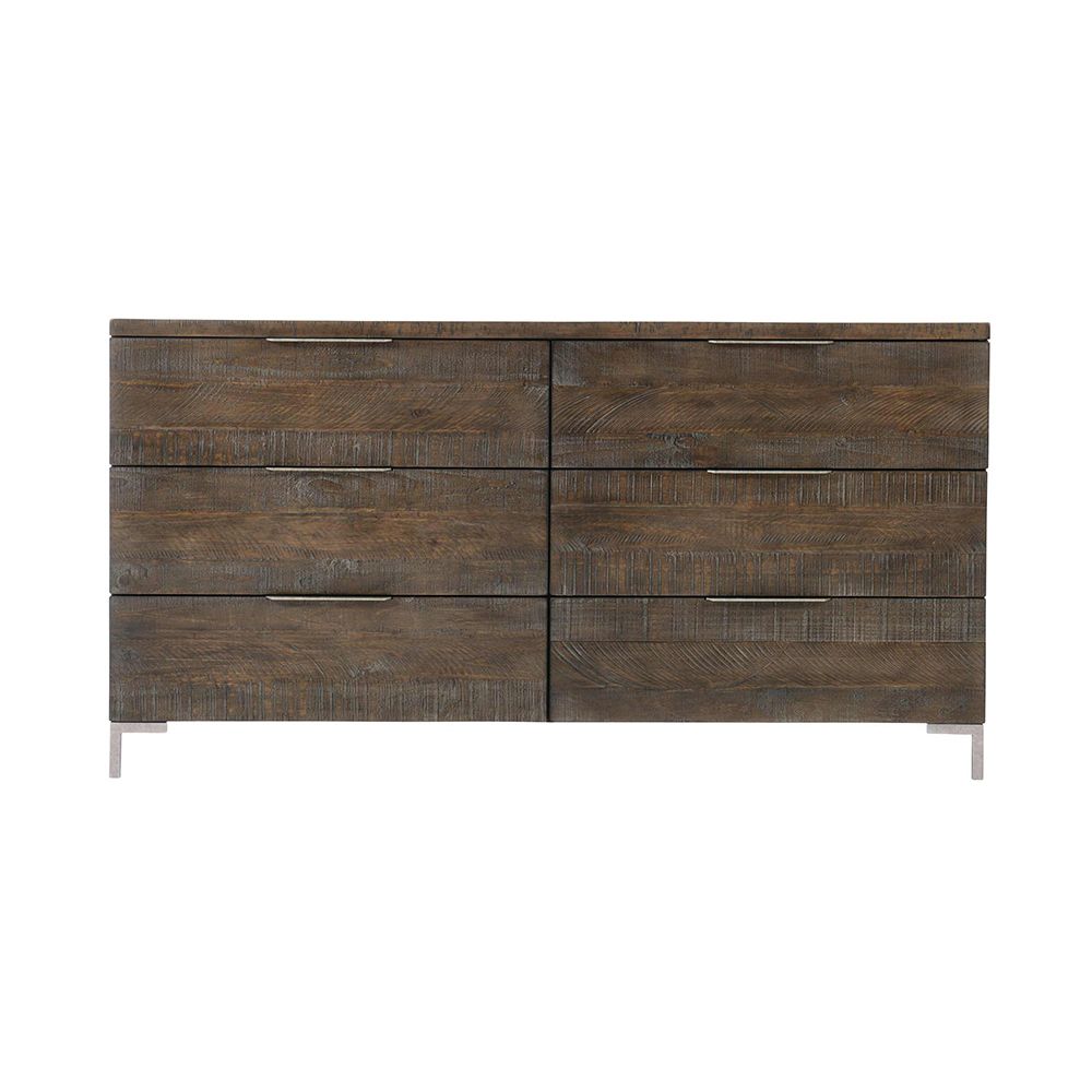 A contemporary six drawer dresser with a brown aged wood finish, steel tab pulls and grey feet