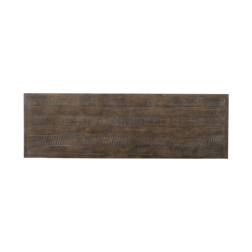 A contemporary six drawer dresser with a brown aged wood finish, steel tab pulls and grey feet