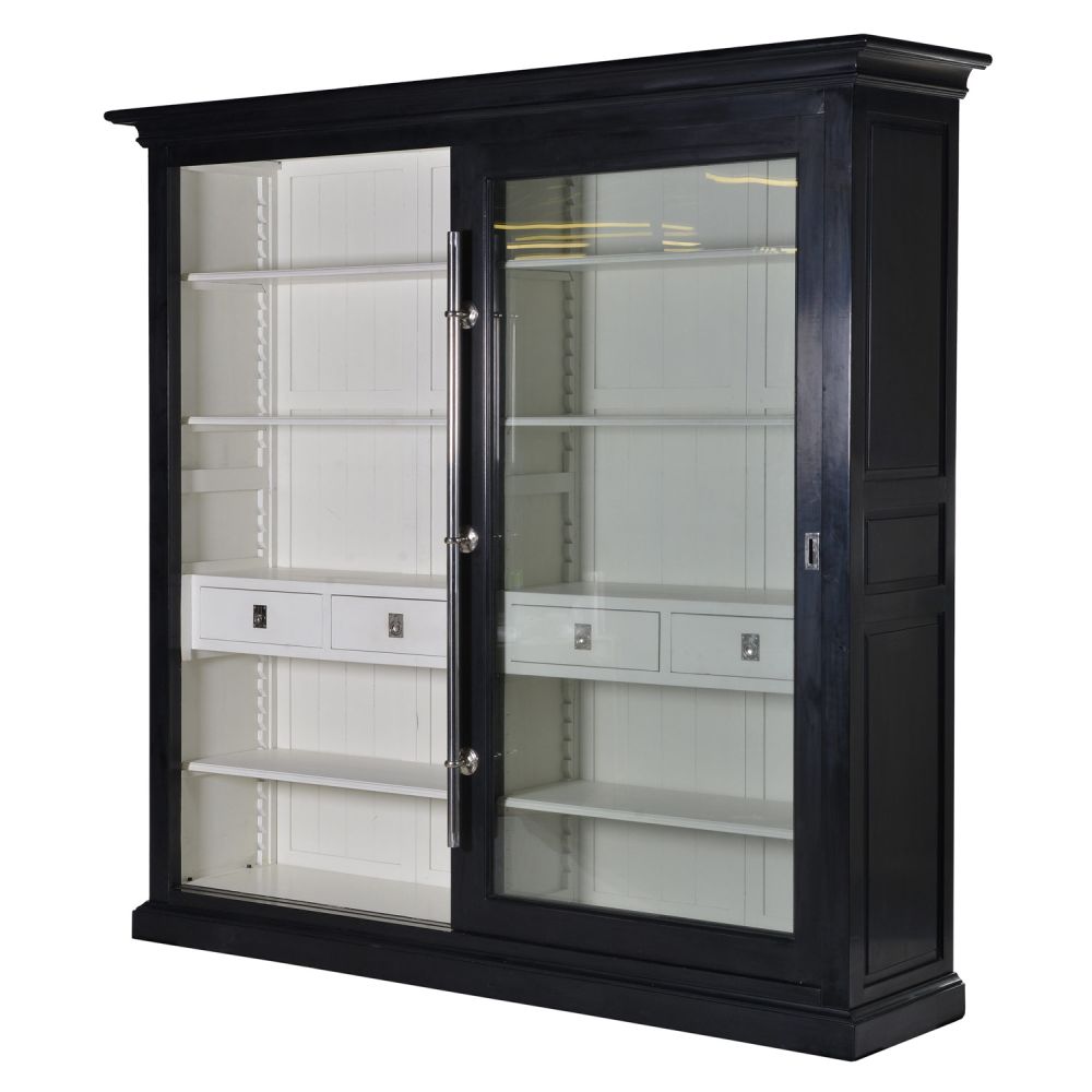 Black finished wood, clear glass wall display unit