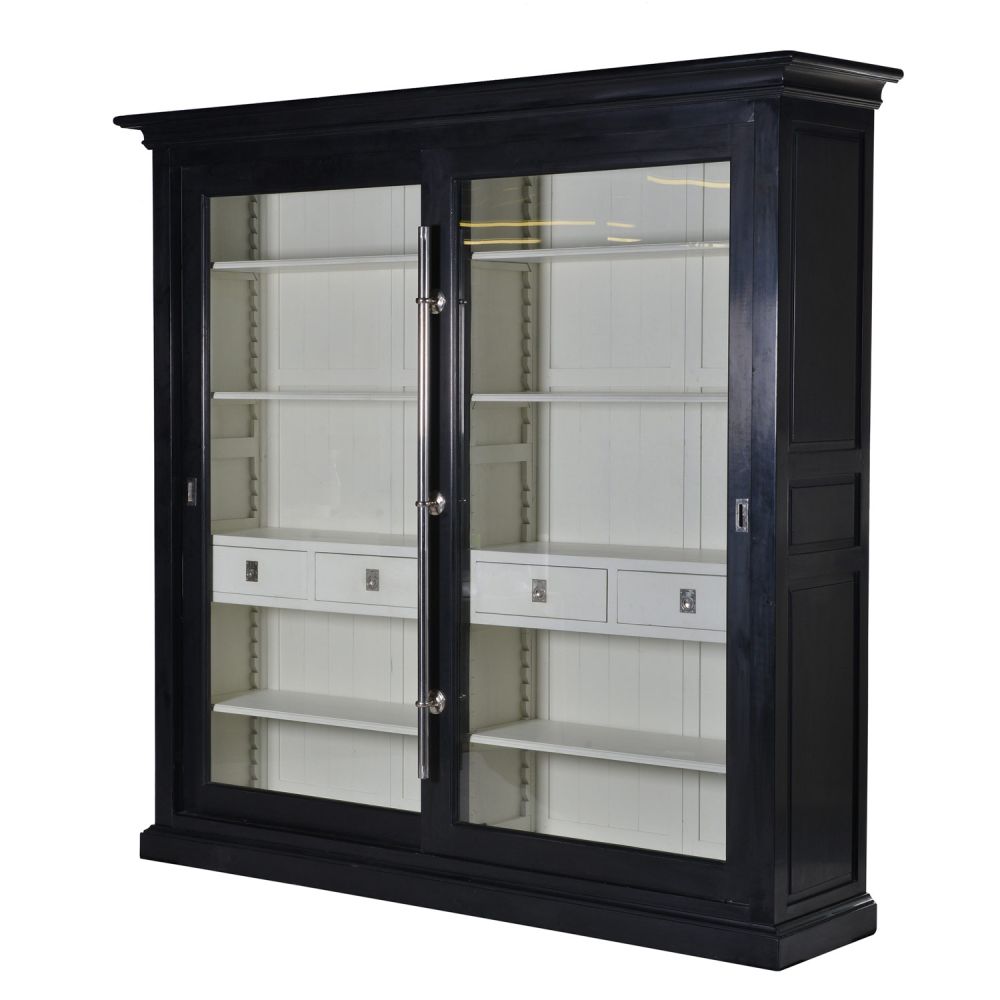 Black finished wood, clear glass wall display unit
