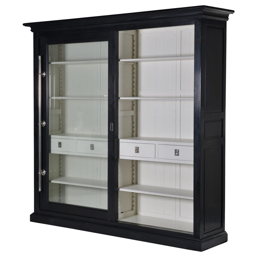 Black finished wood, clear glass wall display unit