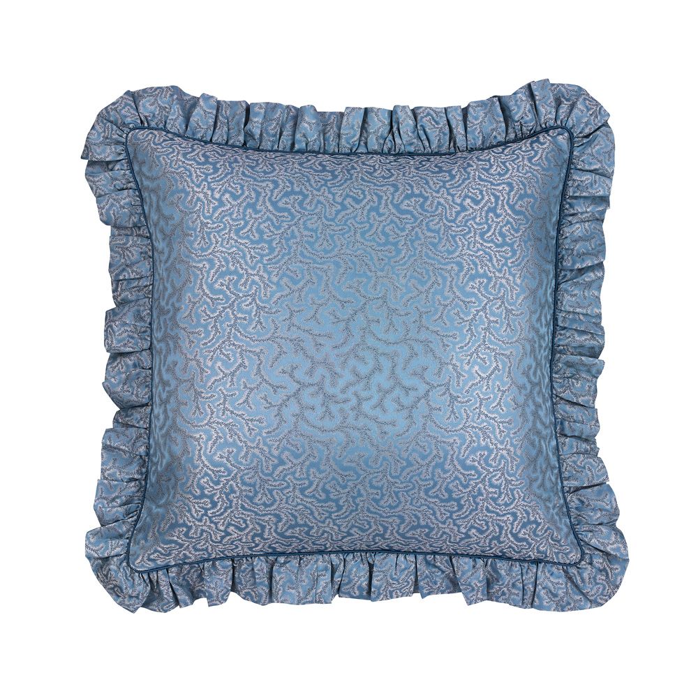 An elegant blue silk cushion with a coral jacquard pattern and frills