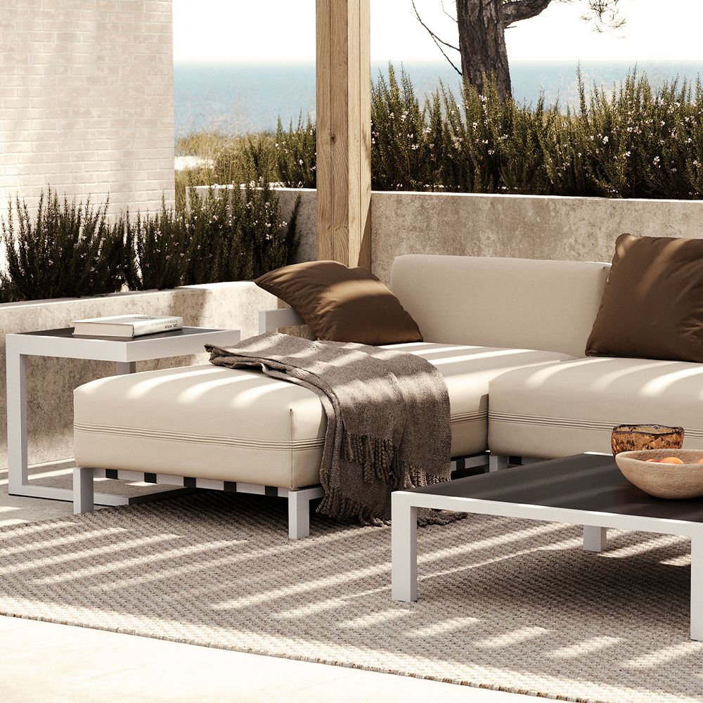 White, outdoor, chaise longue sofa module with steel frame