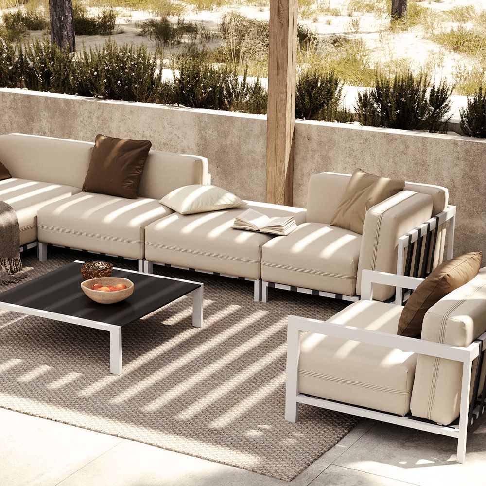 Contemporary, outdoor mini corner sofa in white fabric and steel frame