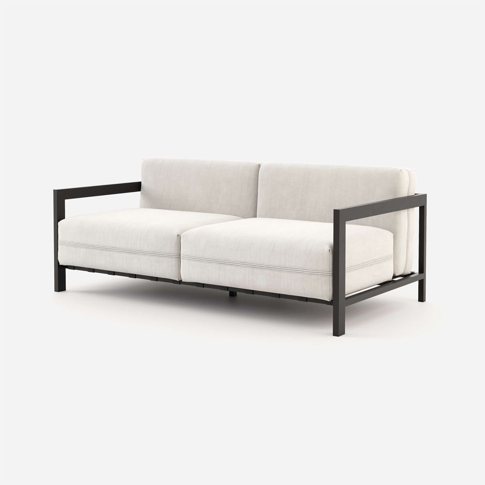 Modern, white outdoor sofa with brown frame armrests